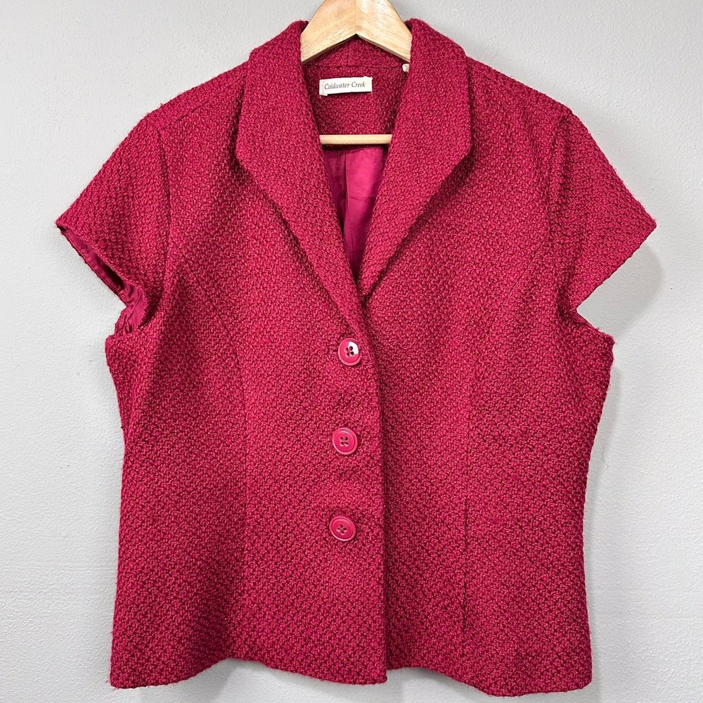 Coldwater Creek Blazer Womens Size 16 Magenta Pink Wool Blend Cap Sleeve Boucle